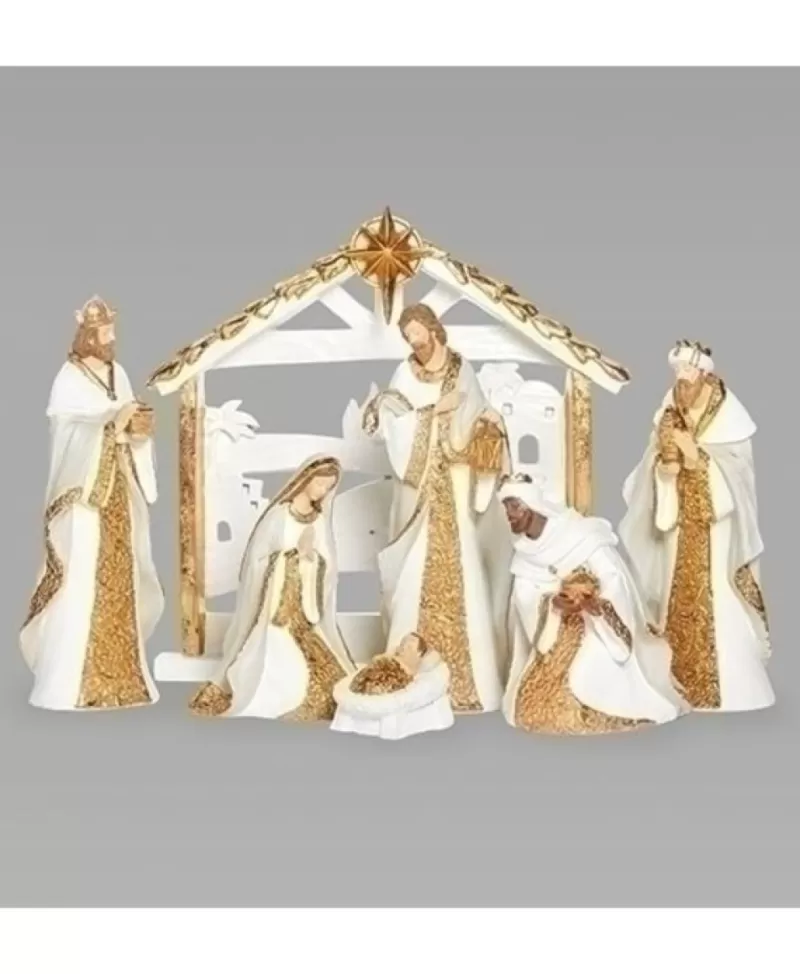 Crèches<Noel Eternel Nativité Blanc Et Or 11" Ens.7