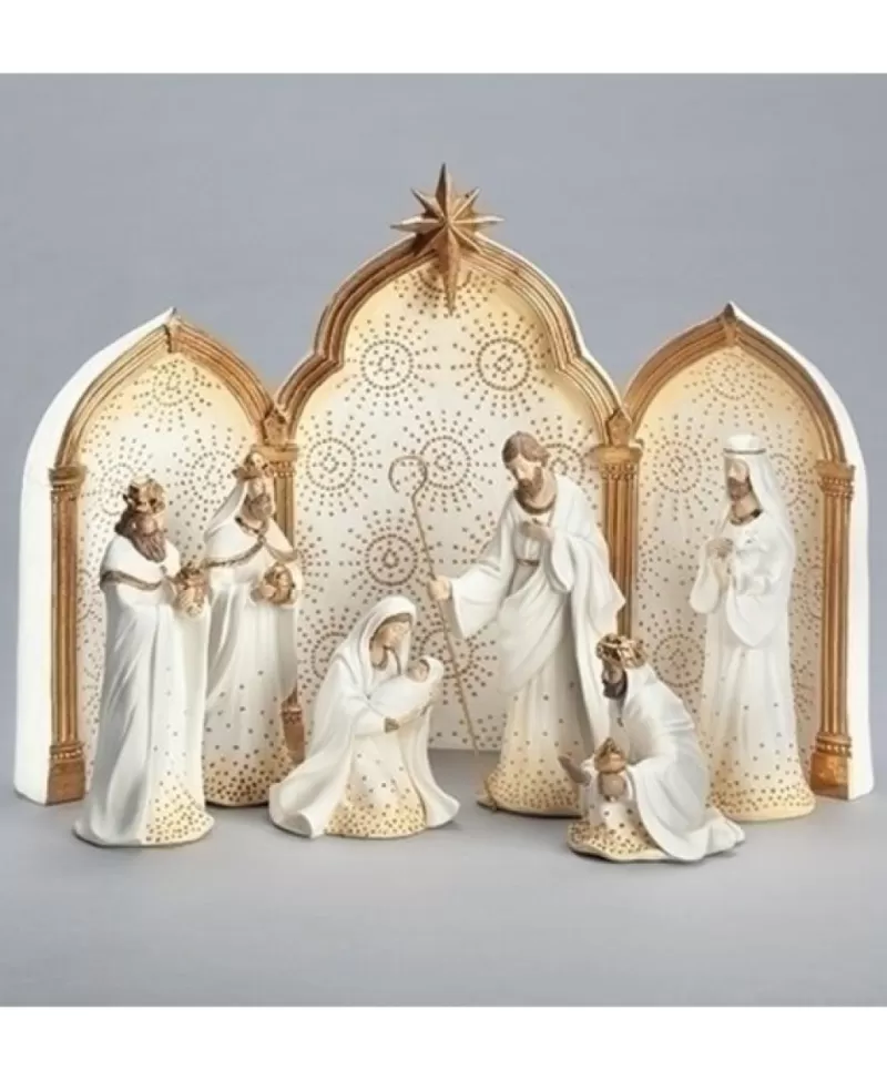 Crèches<Noel Eternel Nativité Triptyque Blanc Et Or 11.25" Ens.9